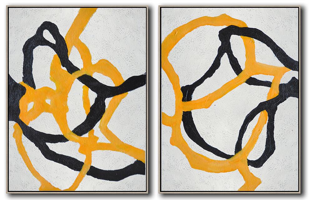 Hand-Painted Set Of 2 Minimal Painting On Canvas - Gray And White Abstract Art Reading Room Extra Large